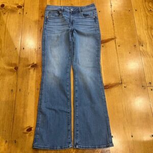 American Eagle Size 8 Next Level Stretch Festival Flare Jeans Y2K Boho Blue A6
